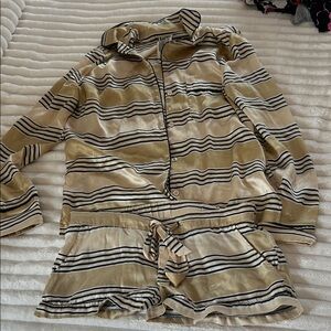 Free People Striped Short Pajama Set in Gold/Beige, Black, and White